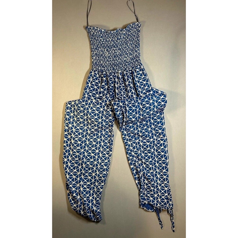 RIP CURL Women's Blue/White Geometric Smocked Strapless Jumpsuit Size S